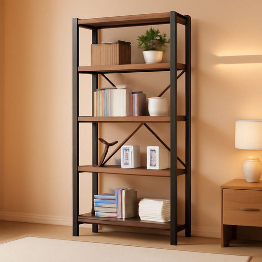 5 tier industrial solid wood bookcase with metal frame