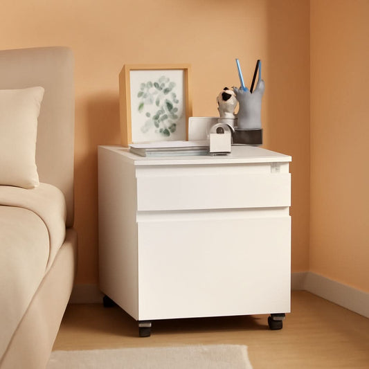 Three drawer mobile file cabinet under desk in white with locking system
