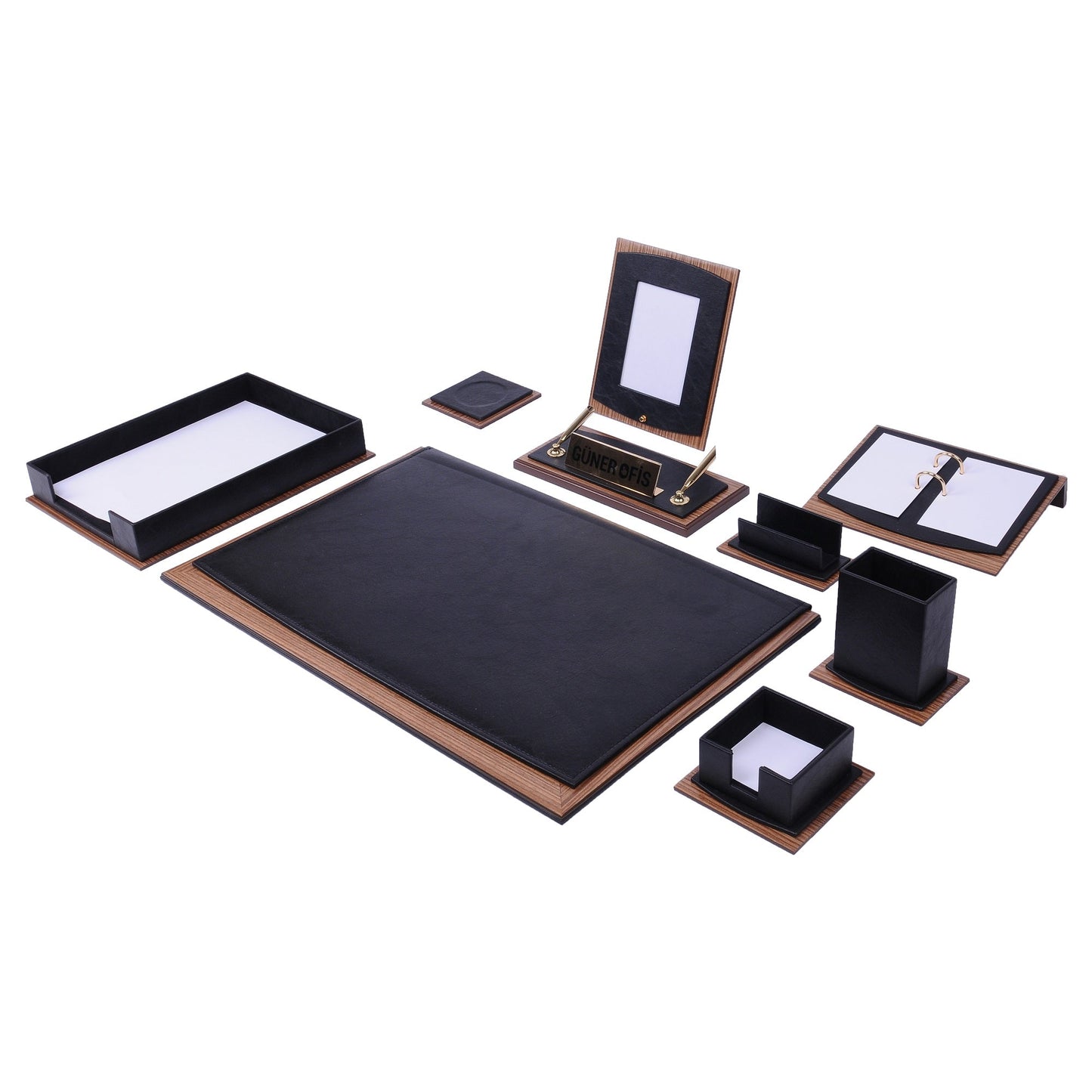 MOOG Star Leather Desk Set -Walnut Wood Combination - Black -11 PCS