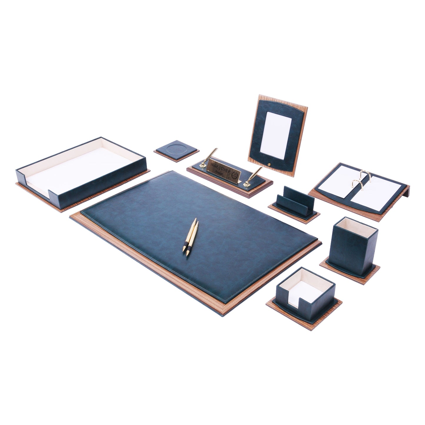 MOOG Star Leather Desk Set -Walnut Wood Combination - Black -11 PCS