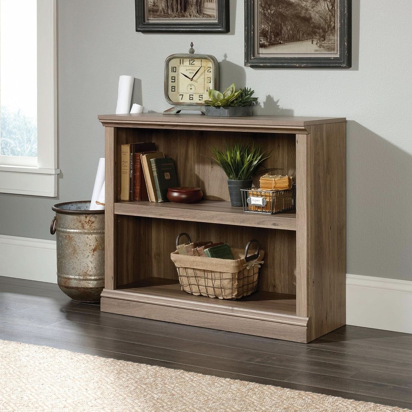 Two Tier Wooden Bookcase Salt Oak Multipurpose Bookshelf For Home Office And Living Room