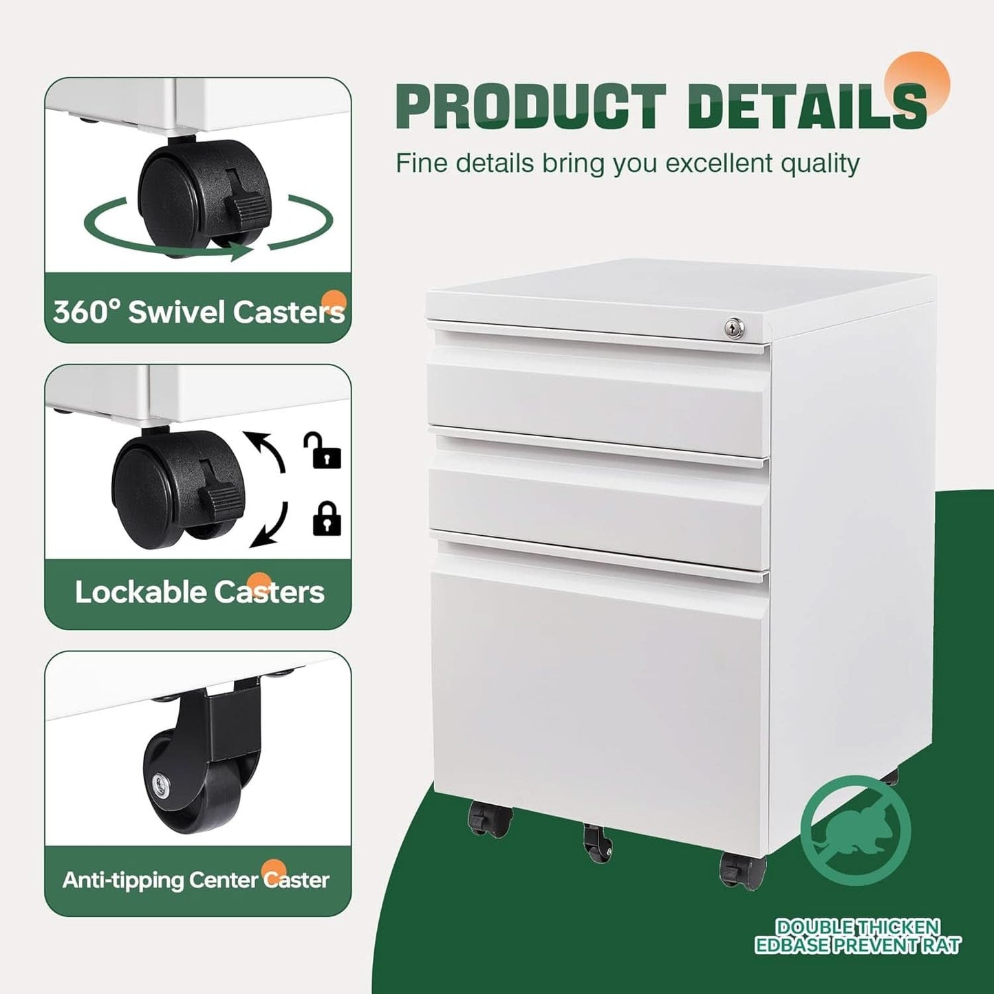 3 Drawer Mobile File Cabinet With Lock Under Desk Filing Cabinet For Home Office