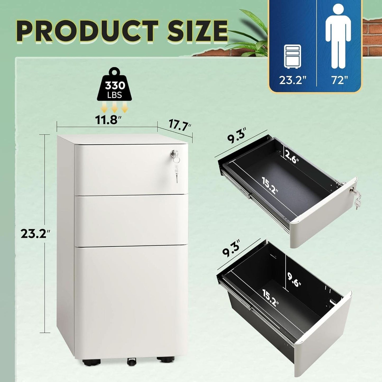 White 3 Drawer Slim File Cabinet For Office Lockable