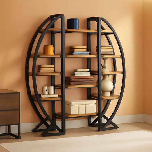 Oval 55 inch brown industrial display etagere bookcase