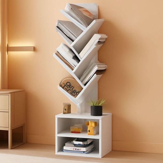 6 Tier Tree Bookshelf Tall Bookcase With Storage Cabinet White