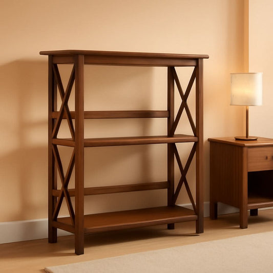 Shelf bookcase with X design, three shelf storage for books