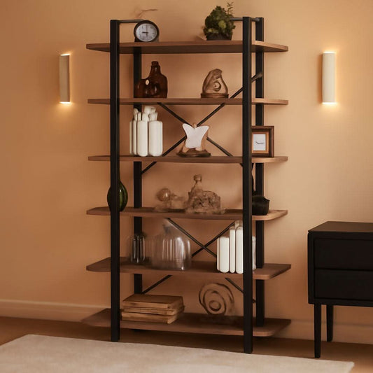 Rustic oak 6 tier tall bookcase with black metal frame