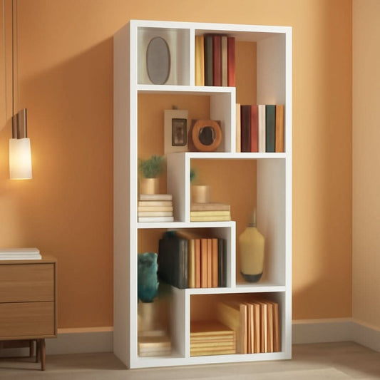 Geometric 6 shelf industrial bookcase in white, tall storage