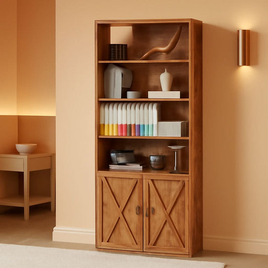Industrial 70 inch tall bookcase with doors, 6 shelf, floor standing