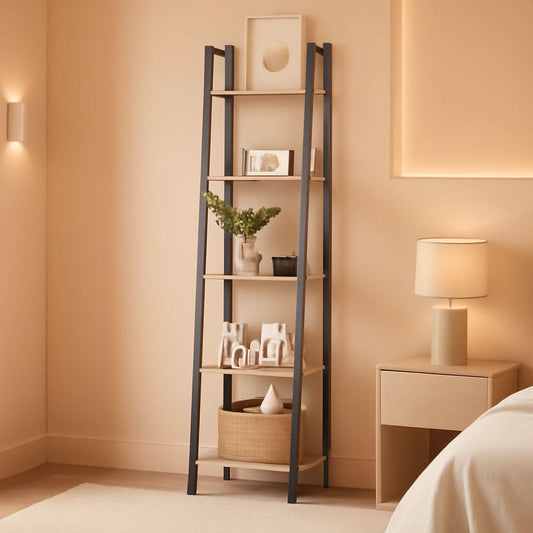 Greige 5 tier ladder shelf bookcase, freestanding corner