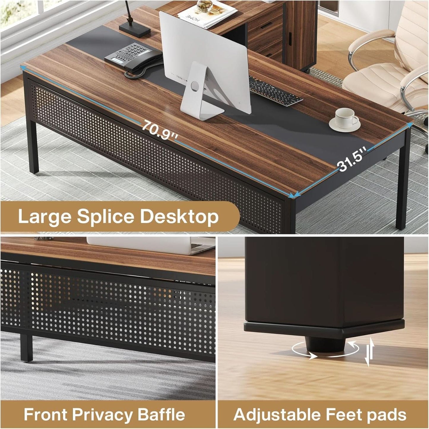71 Inch Walnut Executive L Shaped Desk With File Cabinet