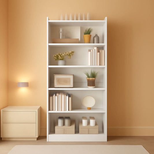 Tall white six tier contemporary wood bookcase, 72 inches