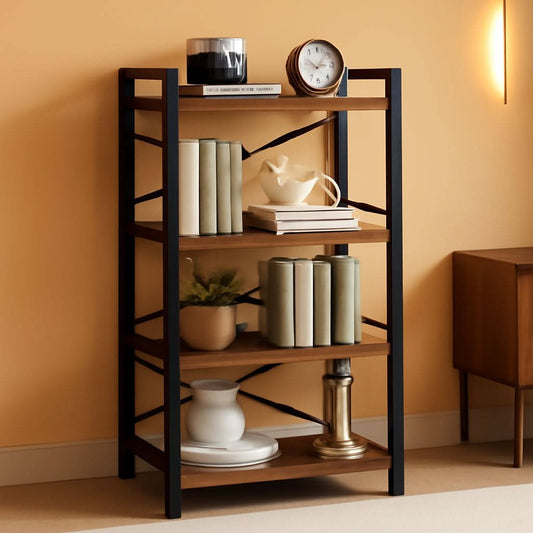 Industrial 4 tier narrow bookcase in berry brown, space saving