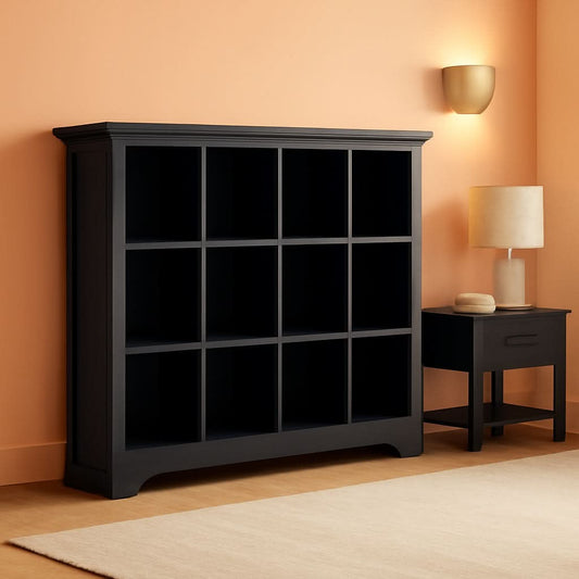 Black 12 cube lattice storage bookcase with base