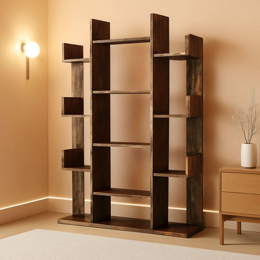 Tree shaped bookcase in rustic brown, tall with 13 shelves