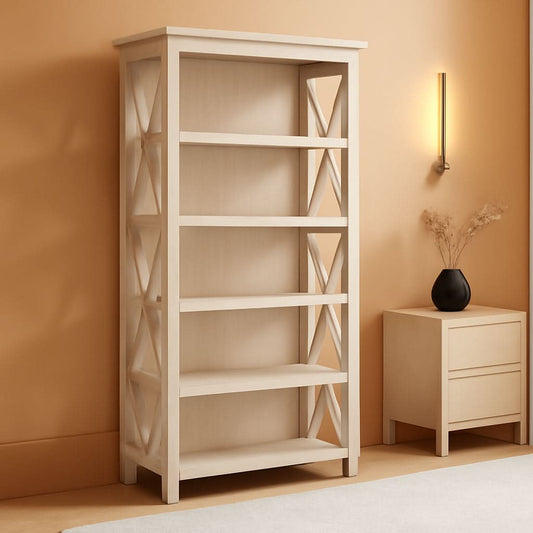 Tall 5 shelf bookcase in linen white oak, modern farmhouse style