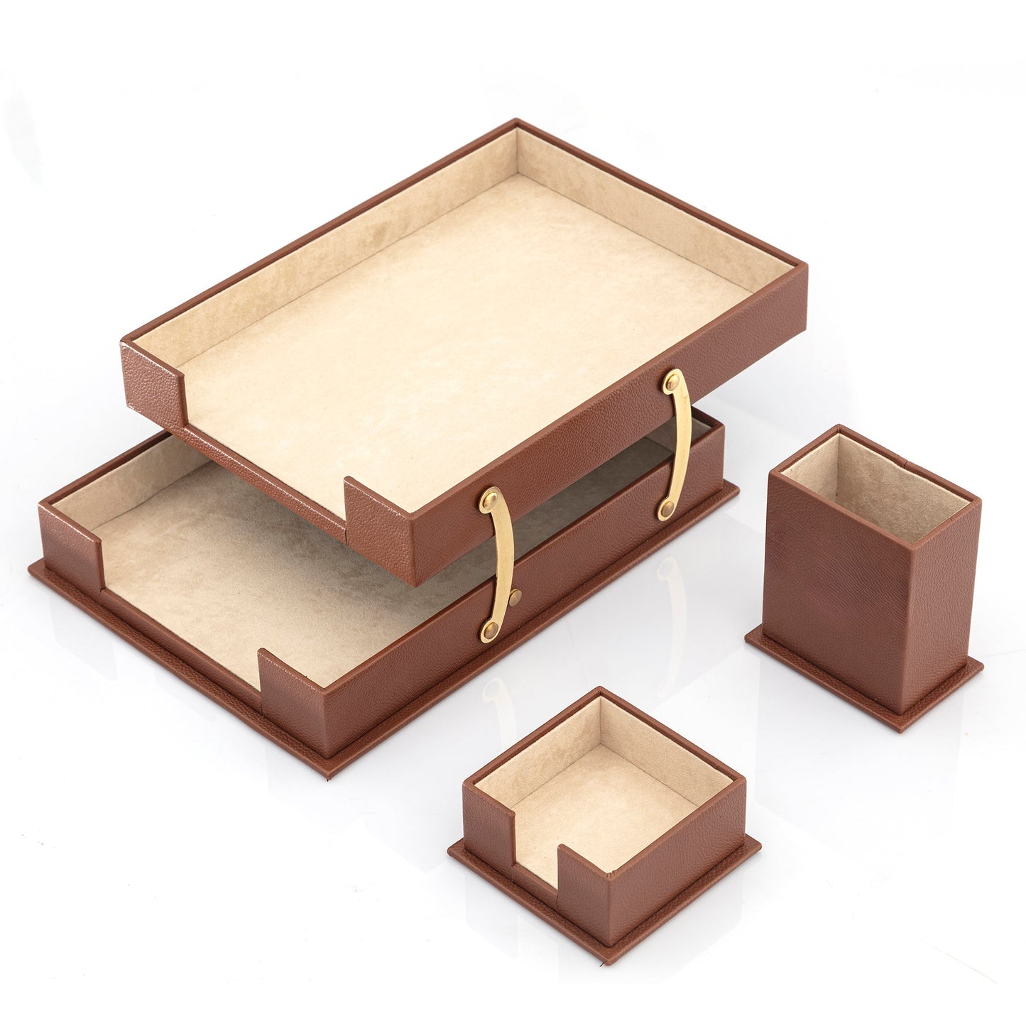 MOOG Leather Desk Set-3 Accessories-Double Document Tray - Brown - 3 PCS