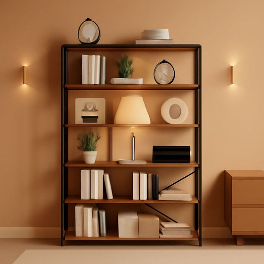Rustic industrial 6 tier bookcase in brown wood and black metal
