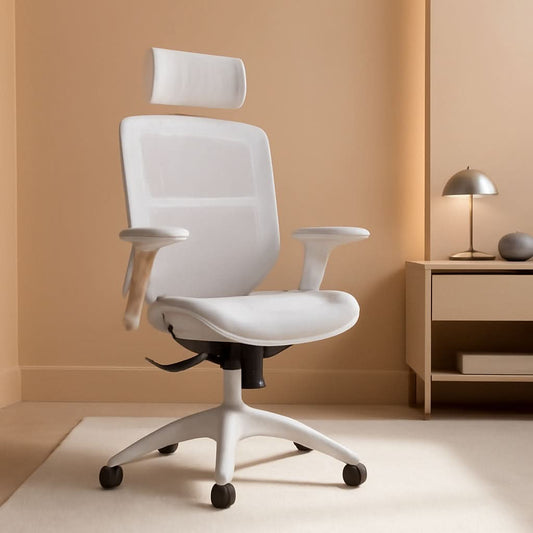 White mesh ergonomic office chair with headrest and tilt, 400 lb capacity