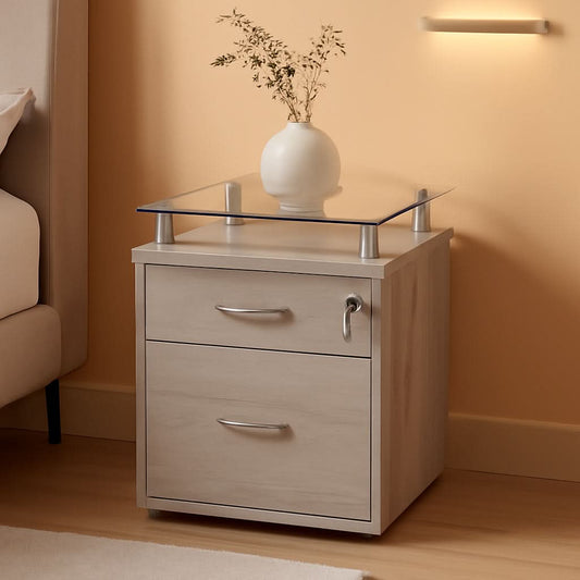 Two drawer rolling file cabinet with glass top printer stand in grey