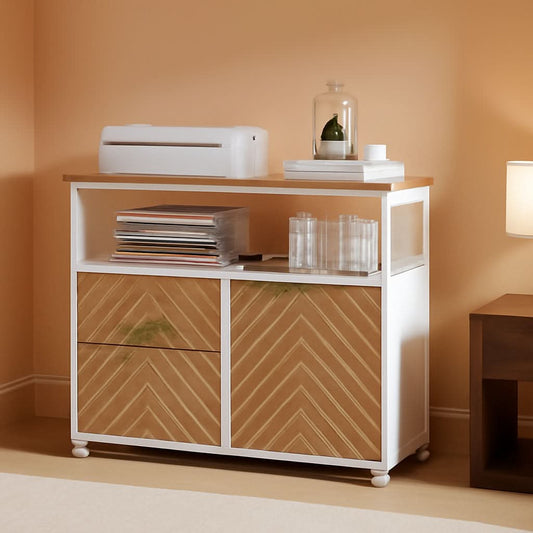 Modern file cabinet with drawers in dark walnut on casters