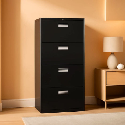 Black metal lateral file cabinet with 4 drawers for office storage