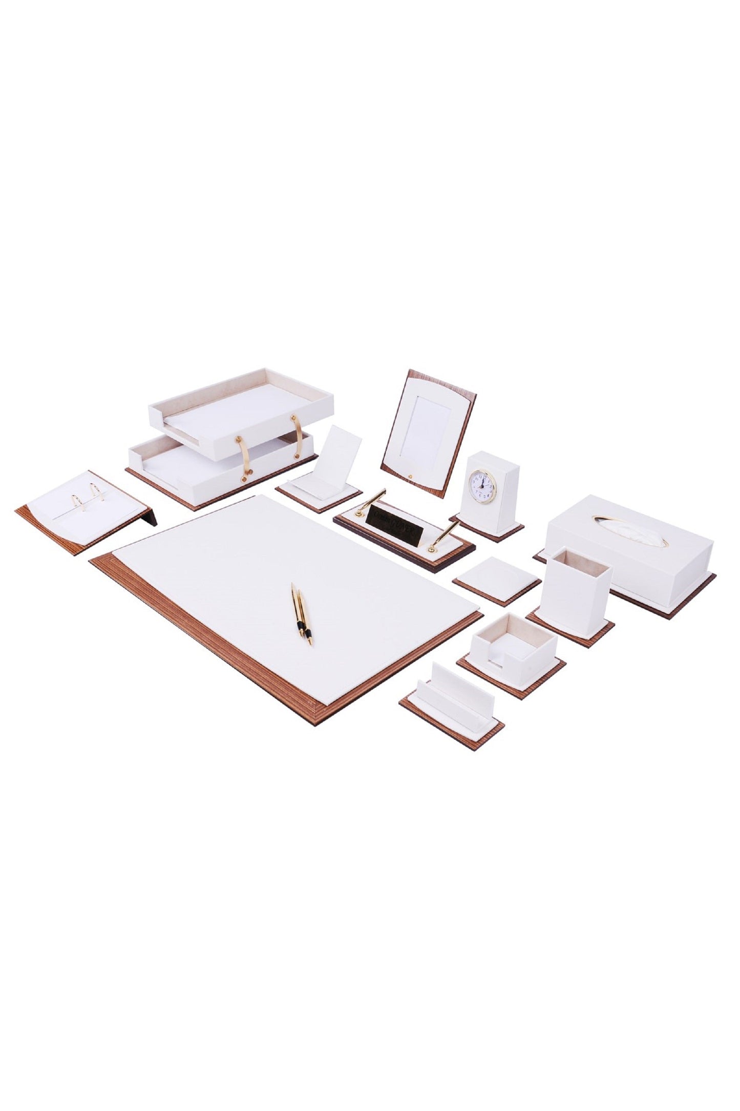 MOOG Star Lux Leather Desk Set -Walnut Wood Combination - Green -14 PCS