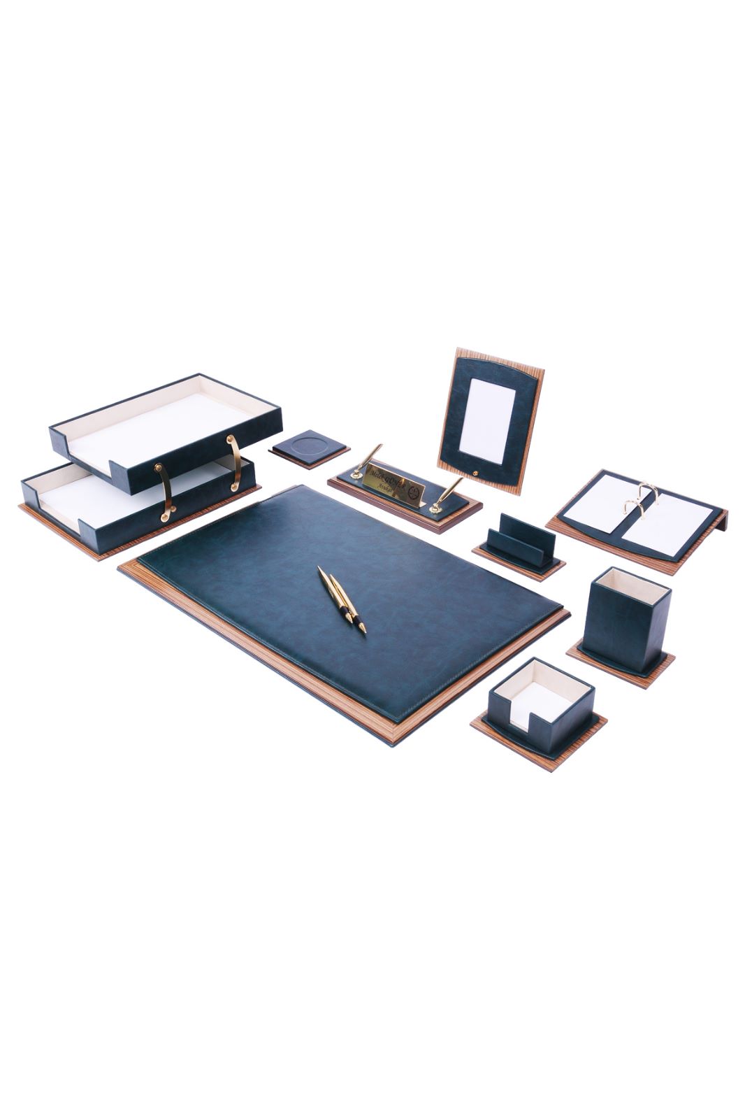 MOOG Star Leather Desk Set -Walnut Wood Combination -Double Document Tray - White-11 PCS