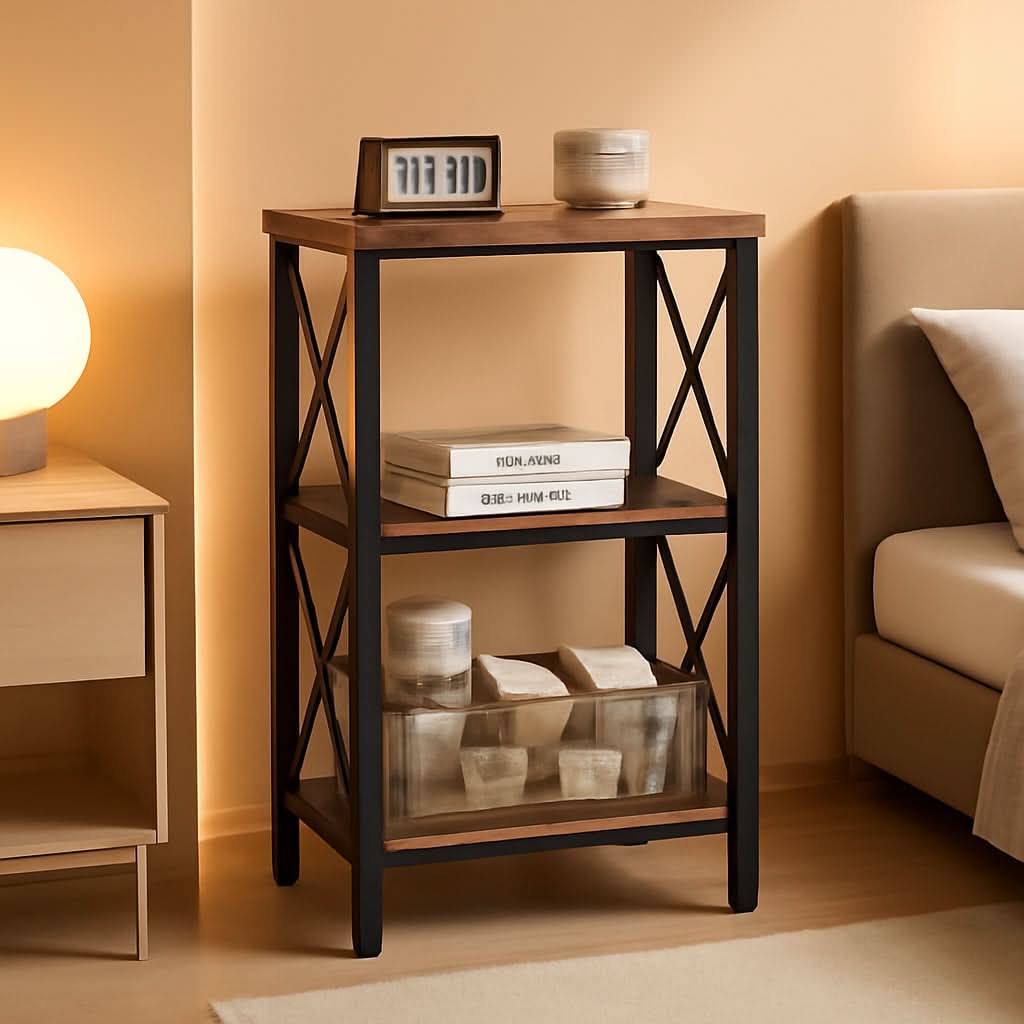 3 Tier Bookcase Industrial Metal Bookshelf With Side Fence in Rustic Brown Living Room Storage Display
