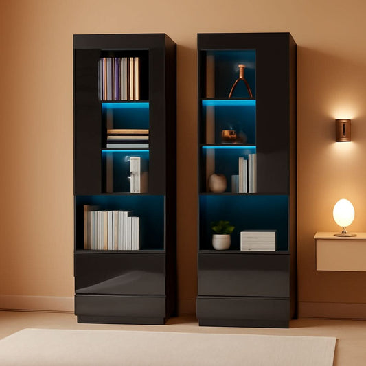 Two piece tall bookcase storage cabinet set with glass doors