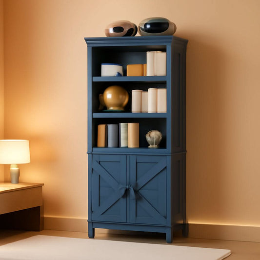 Blue 70 inch tall farmhouse bookcase with adjustable shelves