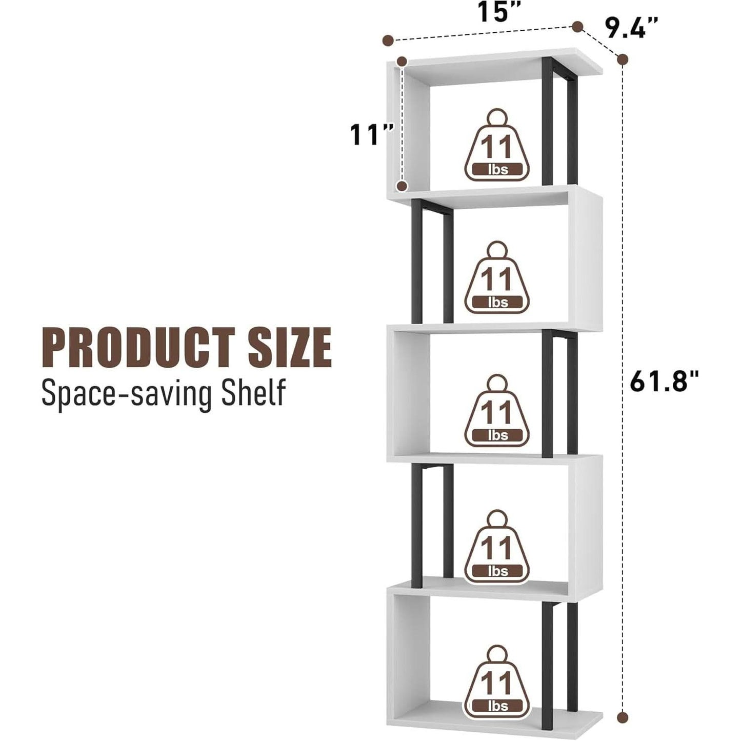 Five Tier Bookshelf White Bookcase Living Room Furniture