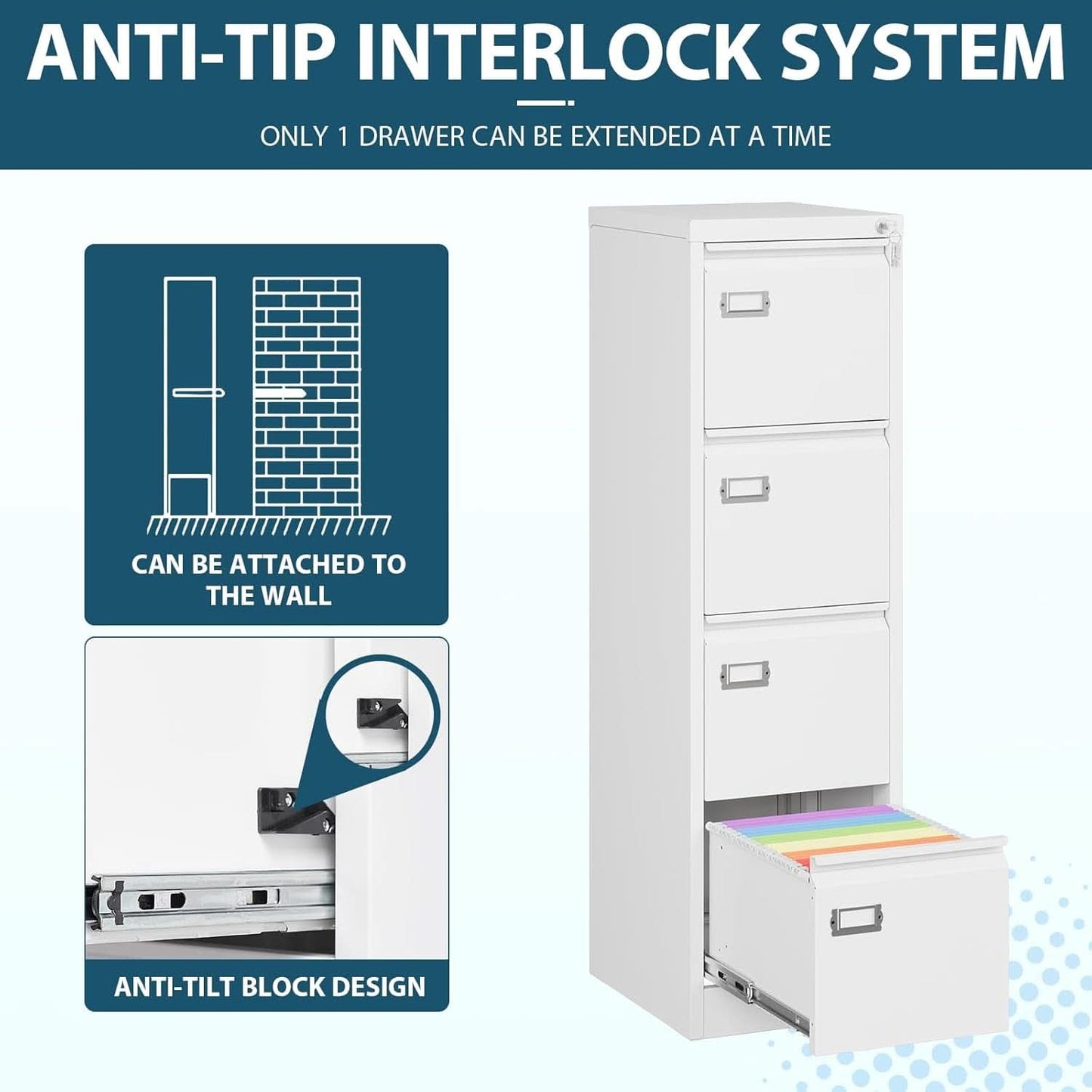 White 4 Drawer Vertical Locking File Cabinet For Office