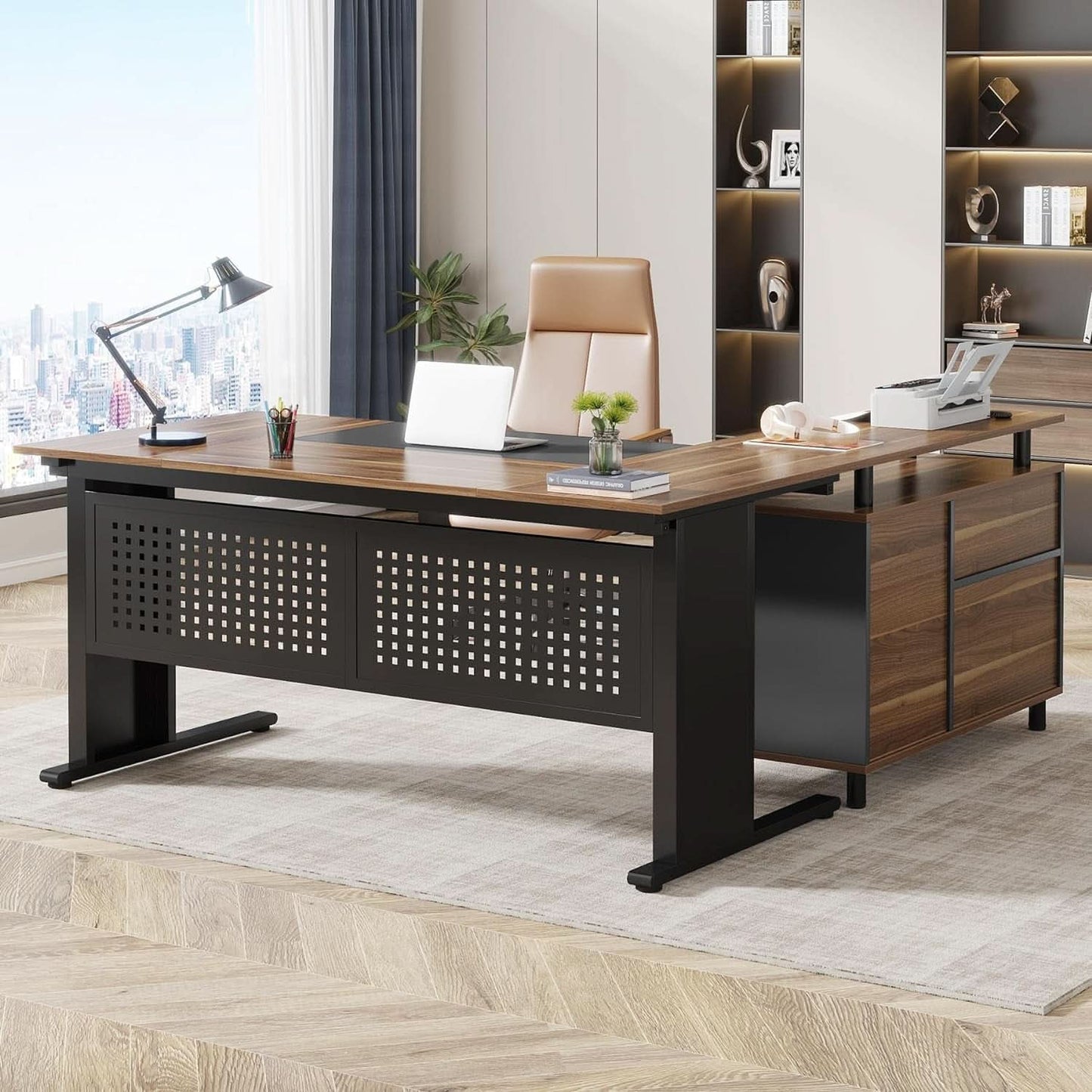 63 Inch L Shaped Desk With File Cabinet For Home Office