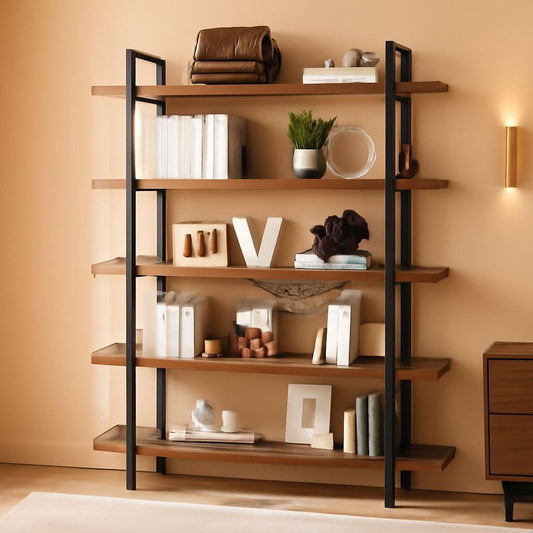 Brown 47 inch wide industrial bookcase with open shelves