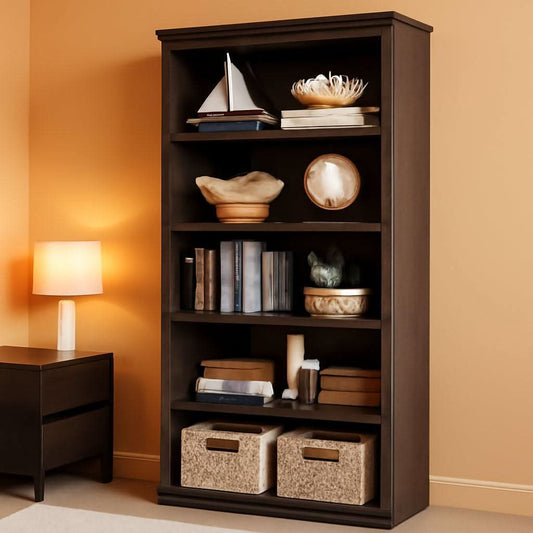 Farmhouse cherry bookcase, 71 inch tall, sturdy open shelving