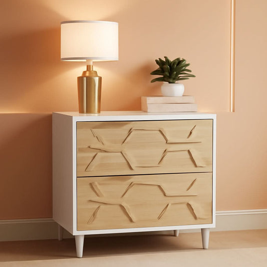 Two drawer lateral file cabinet in white and walnut with printer stand