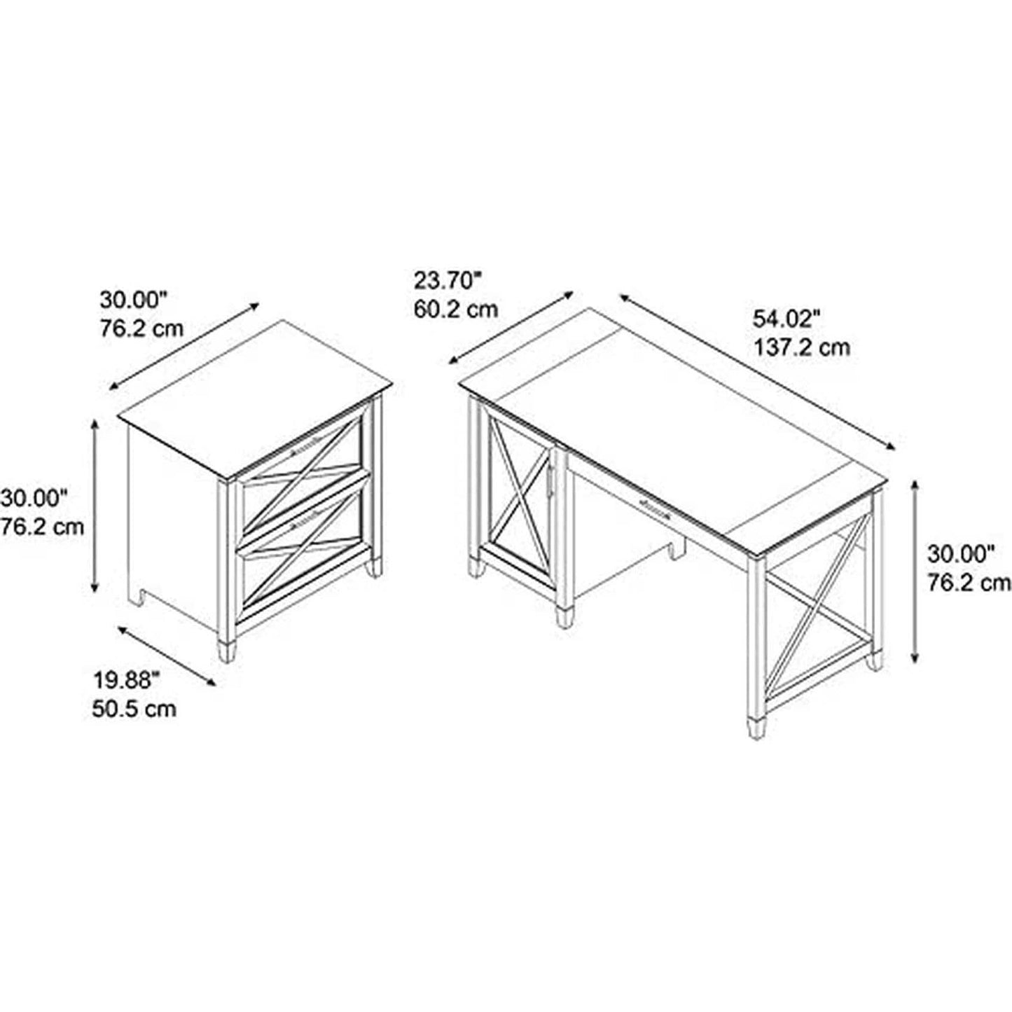 Key West 54W Computer Desk With Keyboard Tray And 2 Drawer File Cabinet