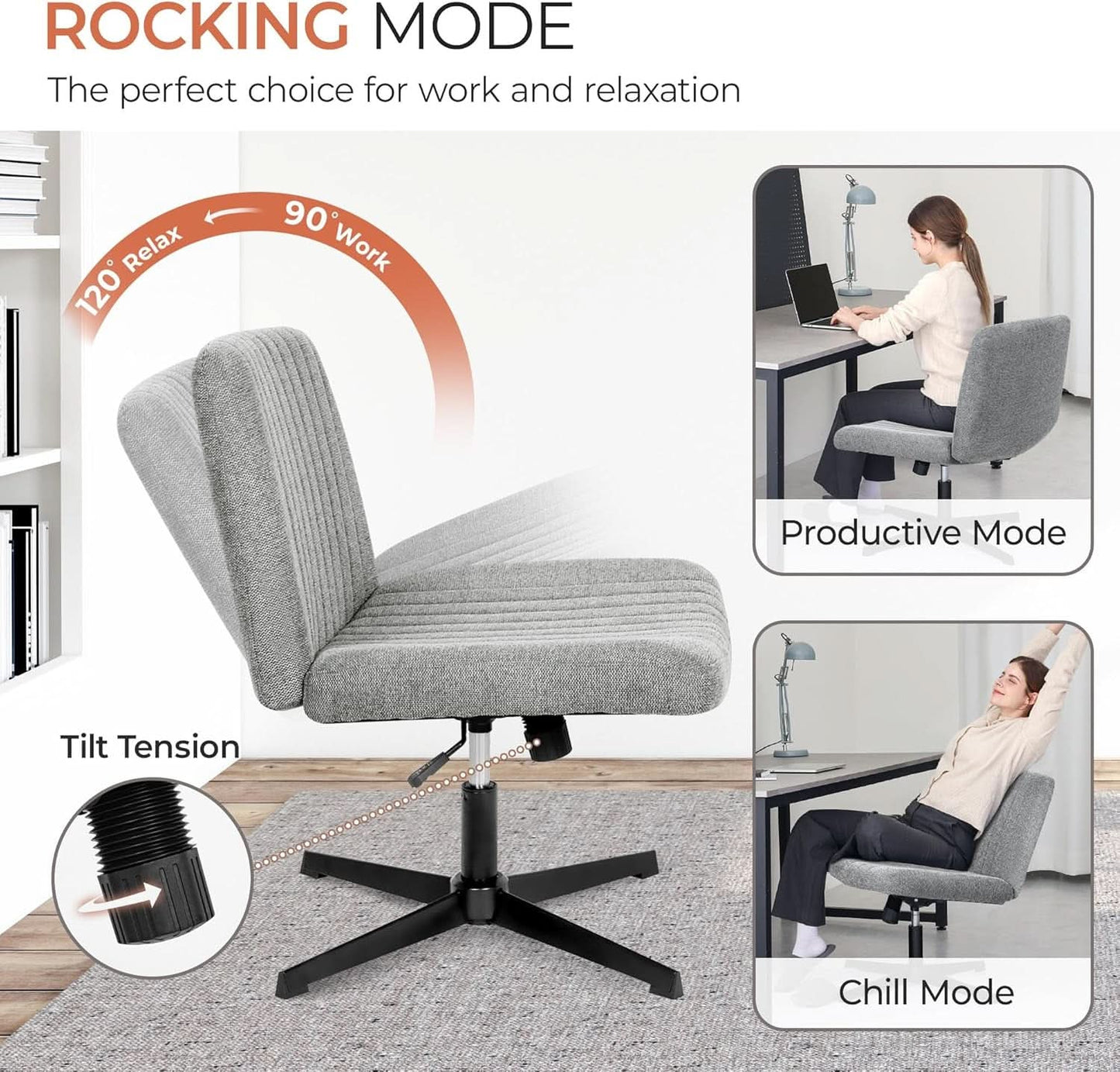 Cross Legged Office Chair Grey Wide Seat Adjustable Height
