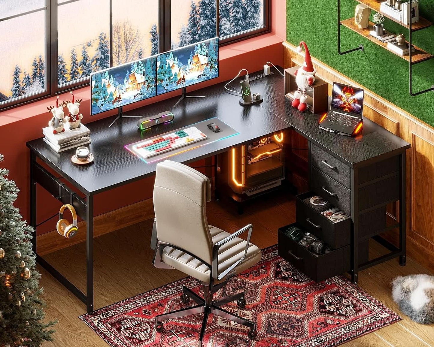 L Shaped Gaming Desk 61 Inch With Built In Power Outlets