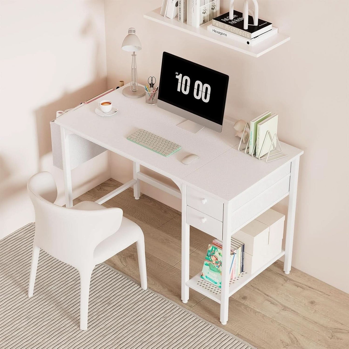 White 40 Inch Computer Desk With Drawers For Small Space Home Office